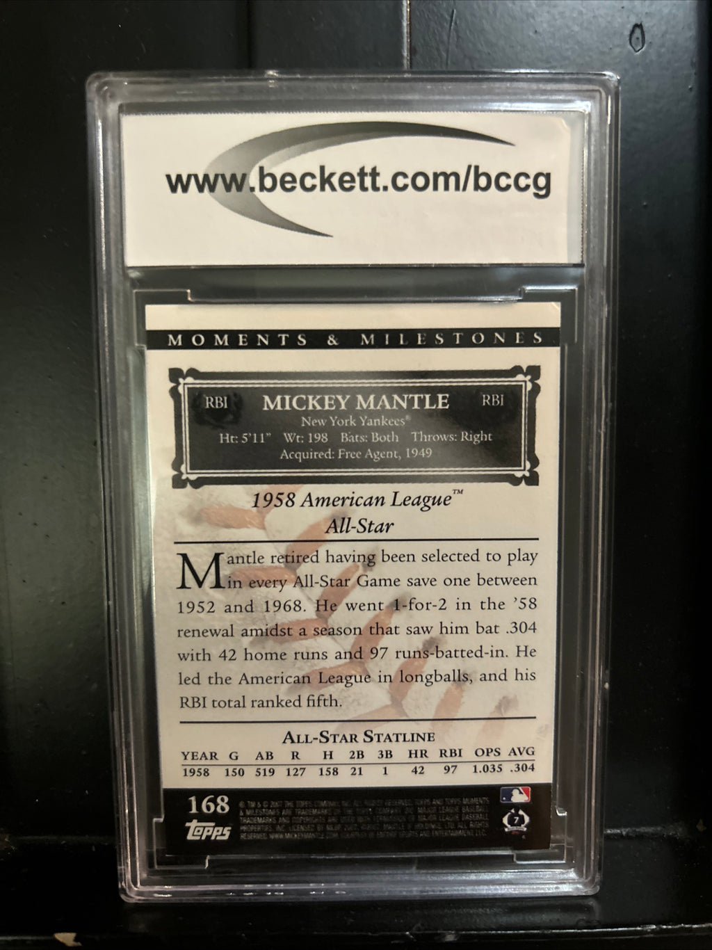 Mickey Mantle 2007 Topps Moments and Milestones #168-32 /150 HOF Yankees BCCG 10