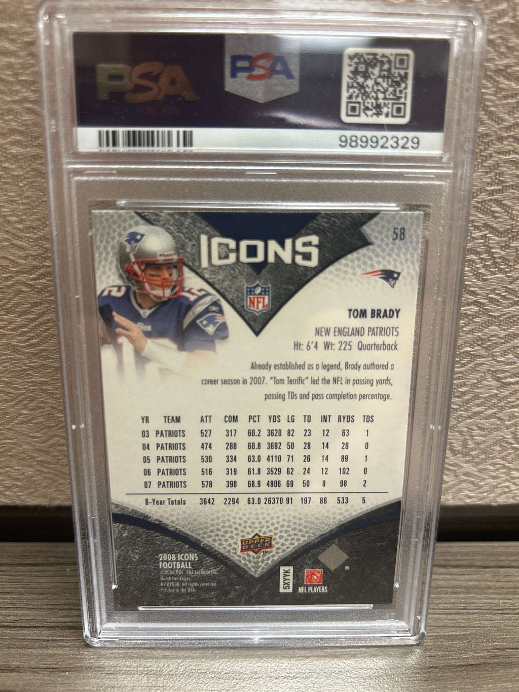 Tom Brady 2008 Upper Deck Icons #58 Foil PSA Mint 9