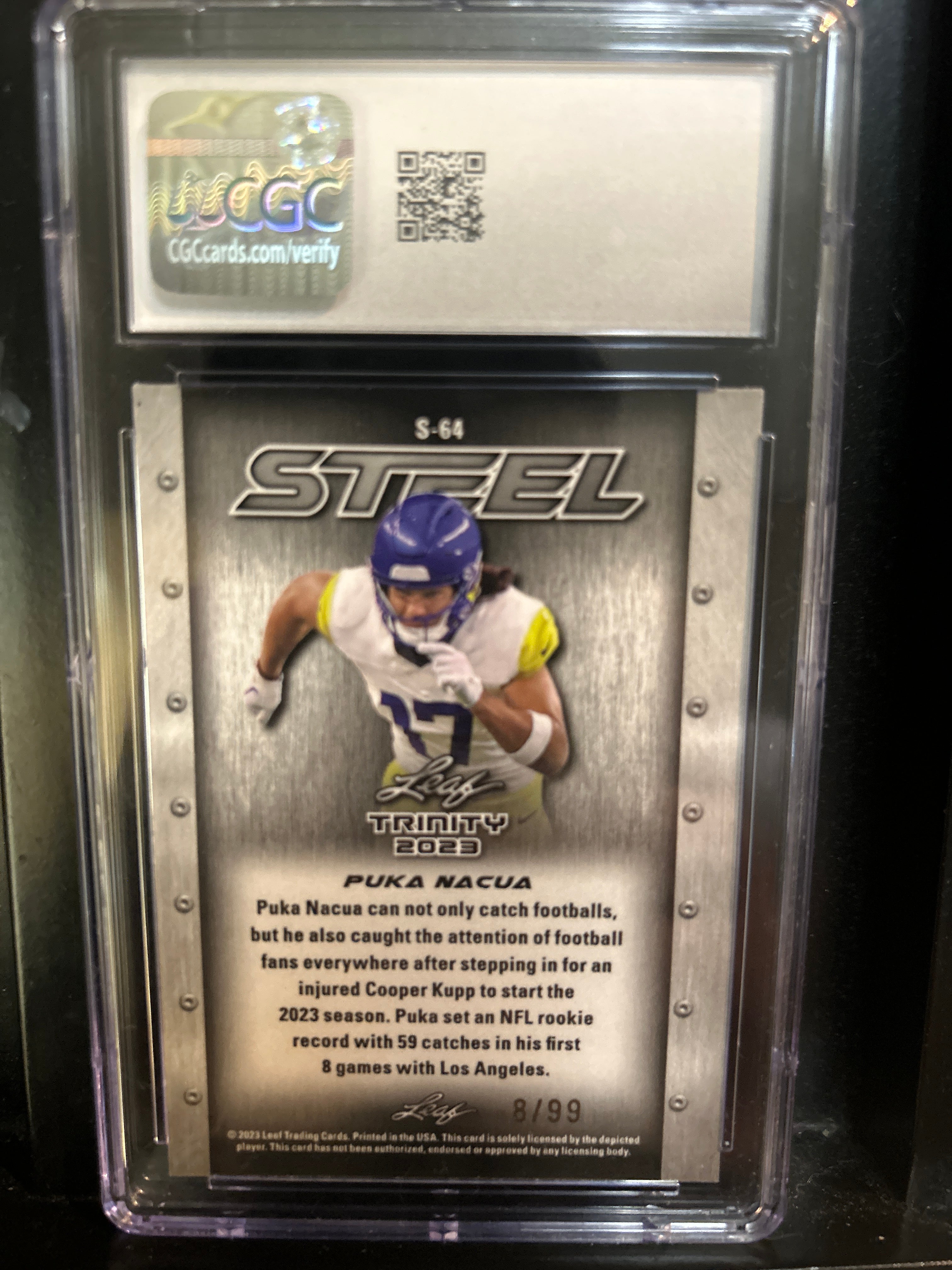 Puka Nacua #S-64 2023 Leaf Trinity Steel Blue Stars and Dots (RC) /99 CGC Mint 10