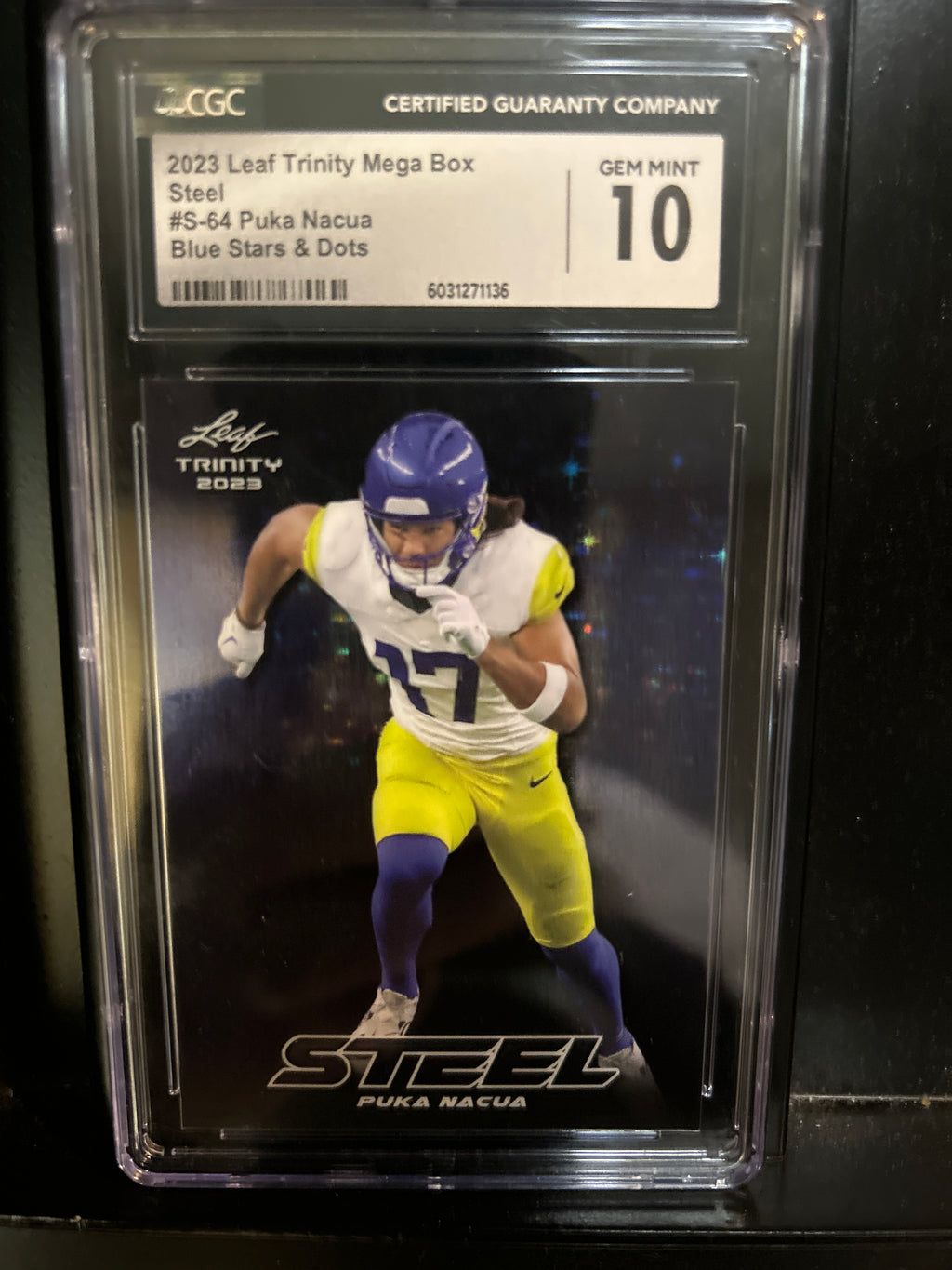 Puka Nacua #S-64 2023 Leaf Trinity Steel Blue Stars and Dots (RC) /99 CGC Mint 10